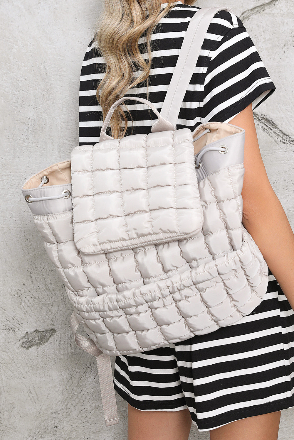 Medium Grey Solid Flapped Quilted Puffer Backpack