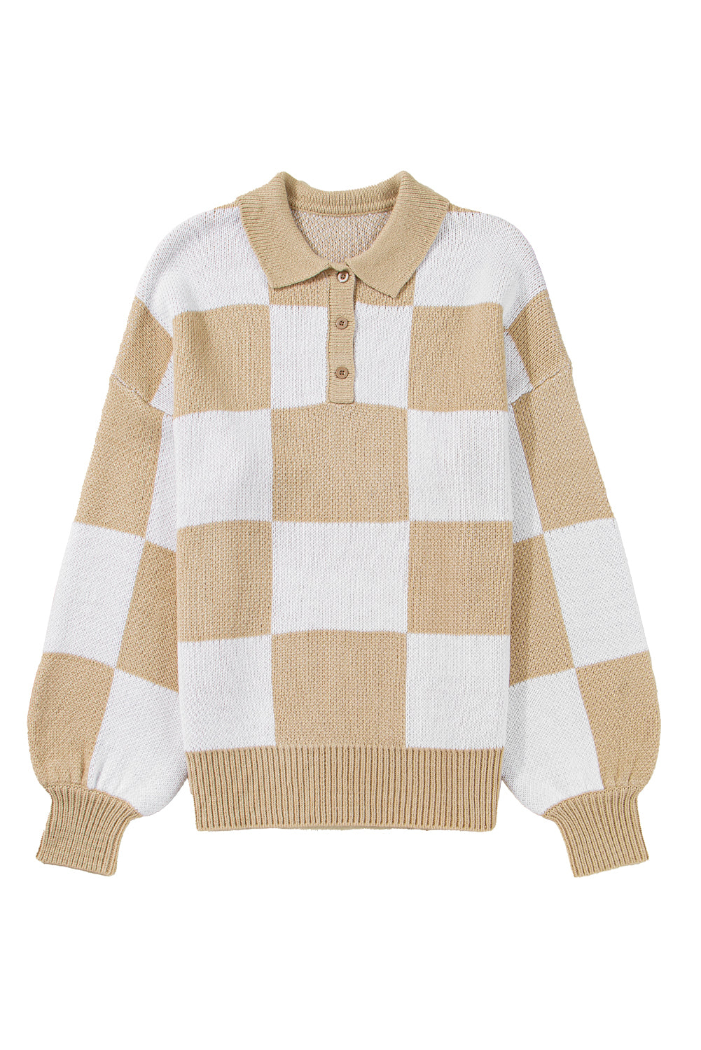 Light French Beige Checkered V-Neck Collared Pullover Sweater