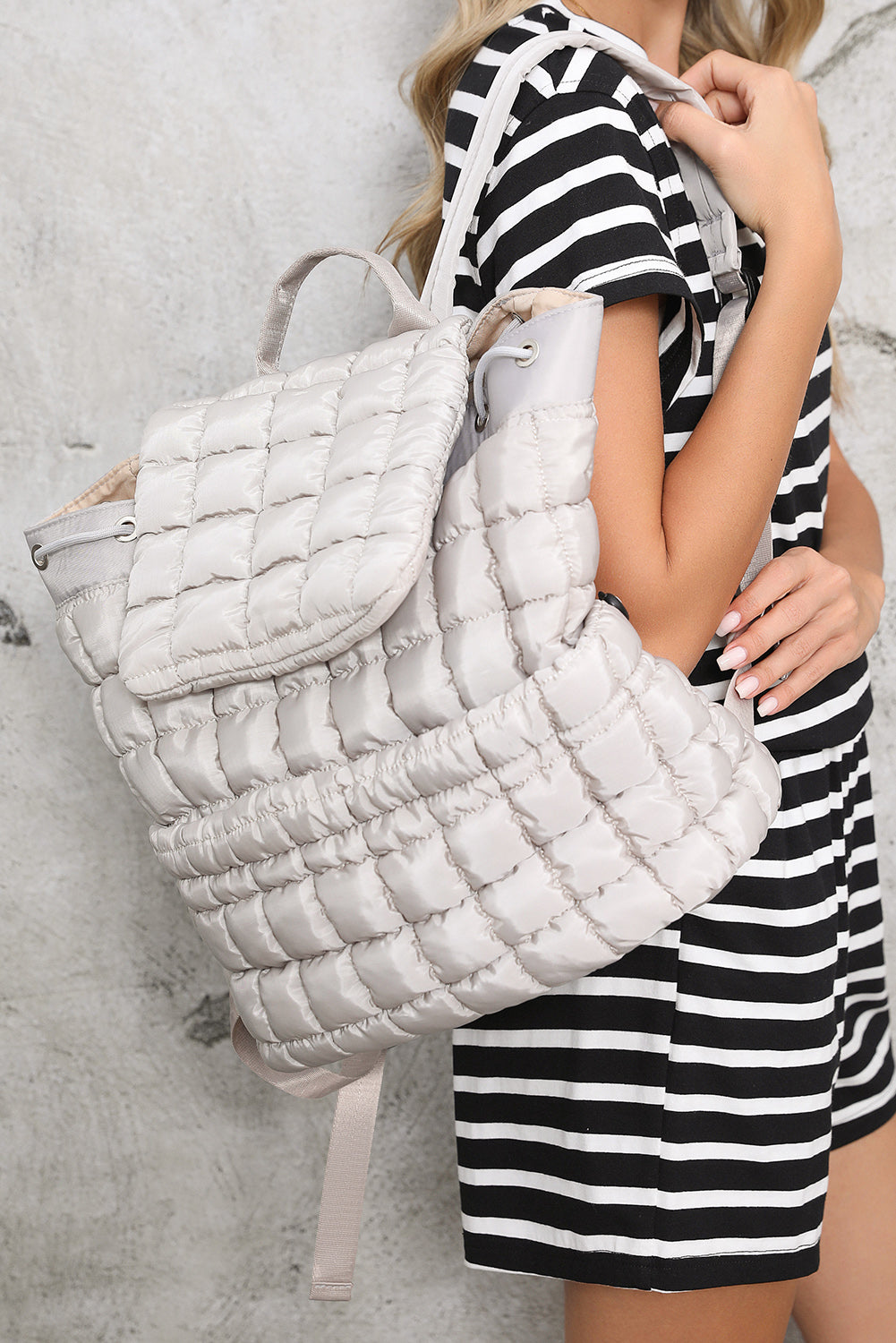 Medium Grey Solid Flapped Quilted Puffer Backpack