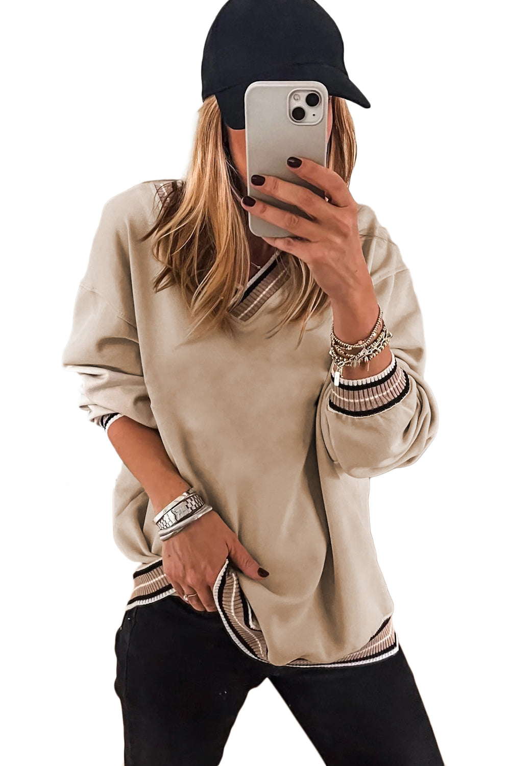 Gray Varsity Contrast Trim V Neck Sweatshirt