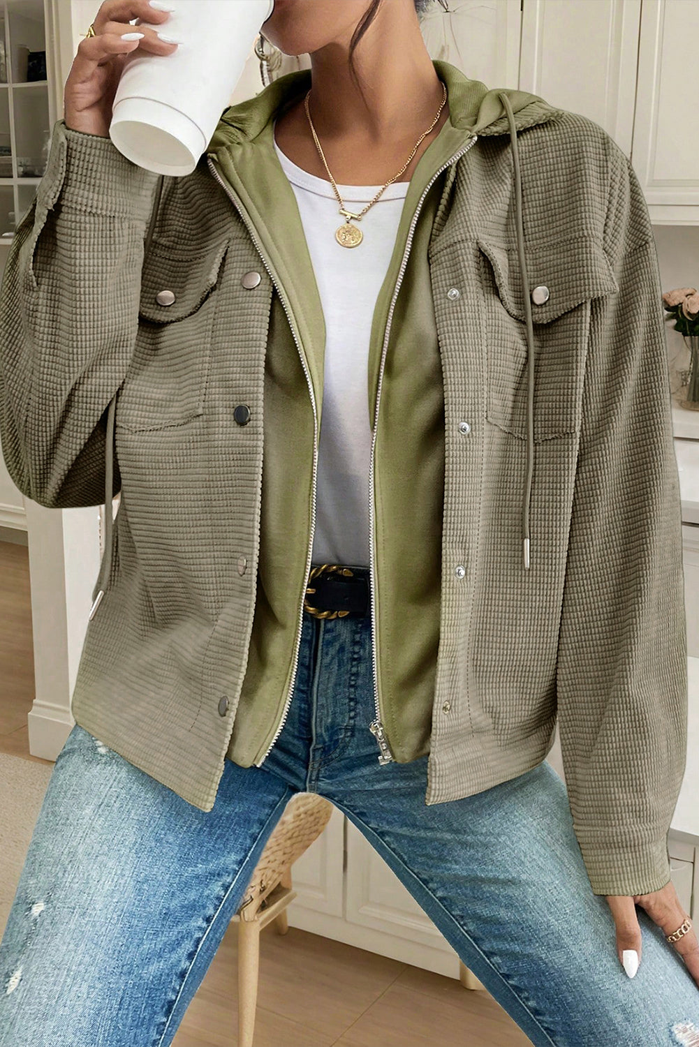 Laurel Green Solid Color Textured Patchwork Flap Pocket Shacket