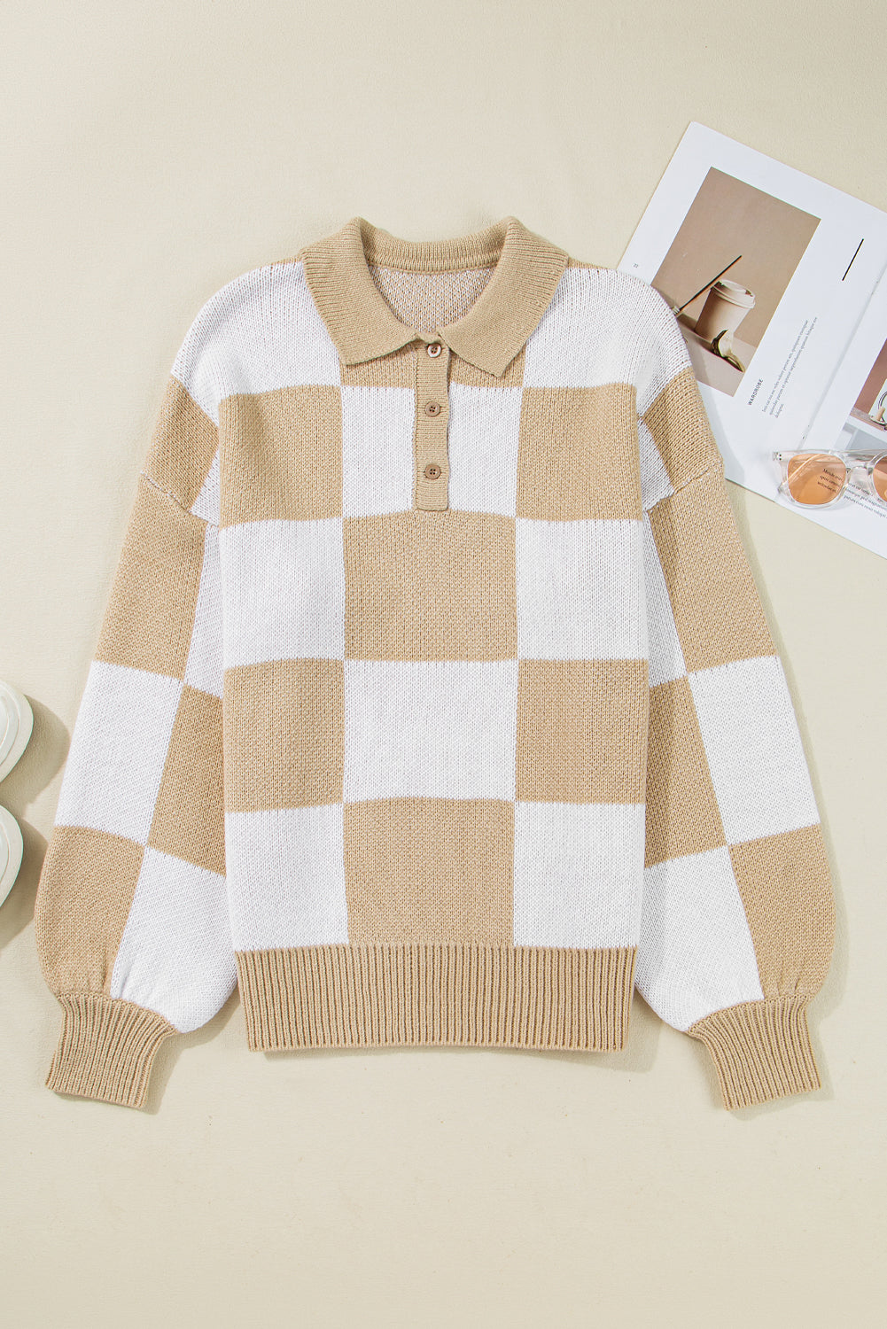 Light French Beige Checkered V-Neck Collared Pullover Sweater