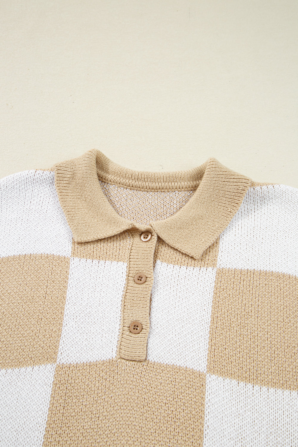 Light French Beige Checkered V-Neck Collared Pullover Sweater