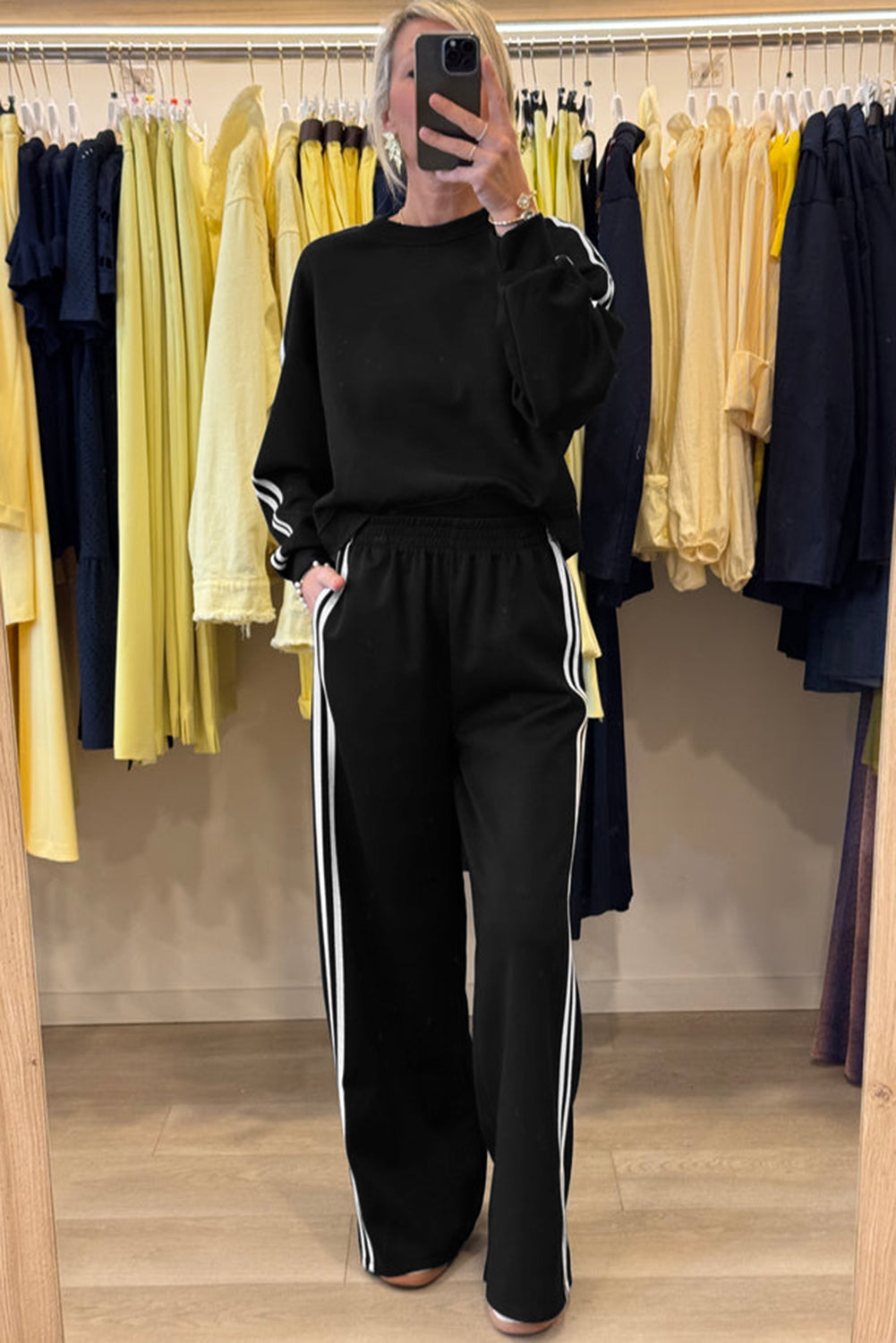 Black Varsity Striped Detail Cropped Pullover Wide Leg Pants 2pcs Outfit