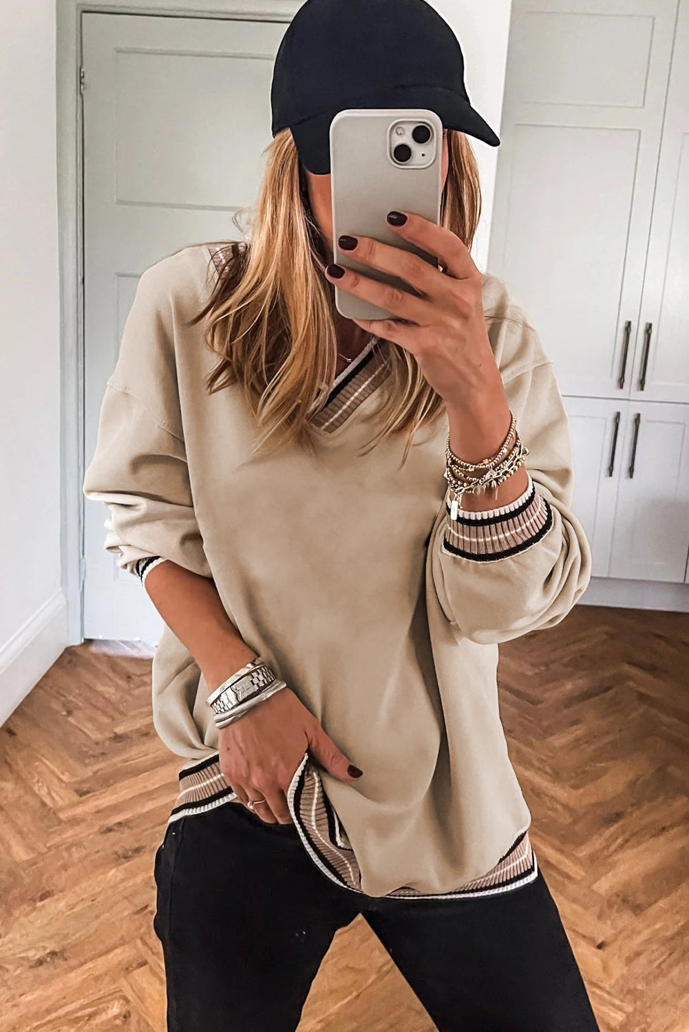 Gray Varsity Contrast Trim V Neck Sweatshirt