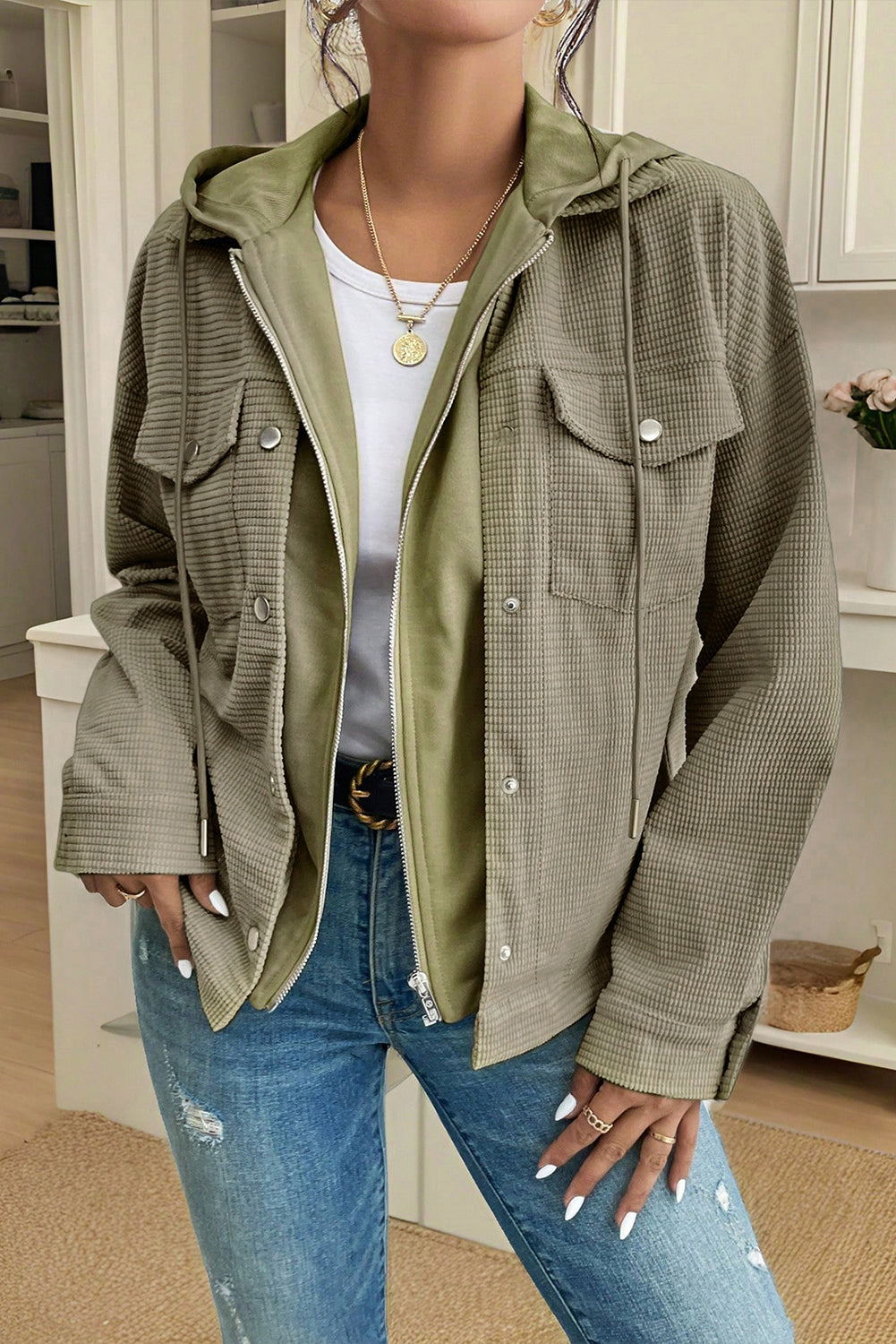 Laurel Green Solid Color Textured Patchwork Flap Pocket Shacket